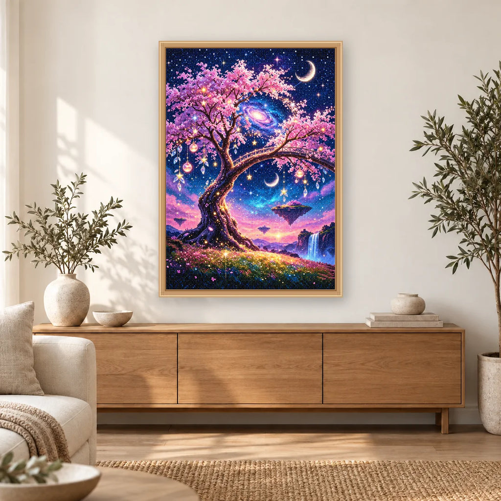 Cosmic Blossom Tree diamond painting displayed in a bright home interior