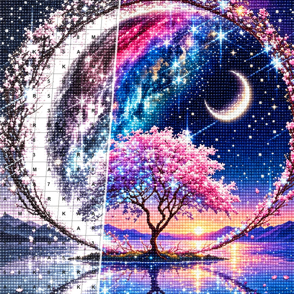 Close detail of the Crescent Galaxy Tree diamond painting canvas and drills