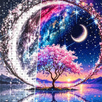 Close detail of the Crescent Galaxy Tree diamond painting canvas and drills