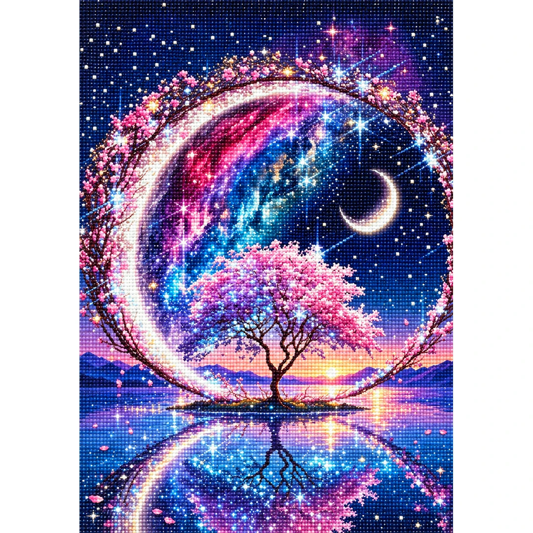Crescent Galaxy Tree finished diamond painting on white background