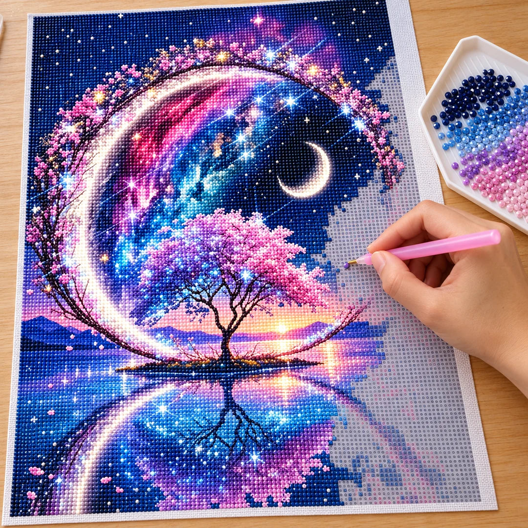 Placing resin drills on the Crescent Galaxy Tree diamond painting