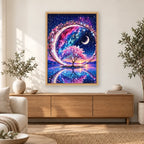 Crescent Galaxy Tree diamond painting displayed in a bright home interior