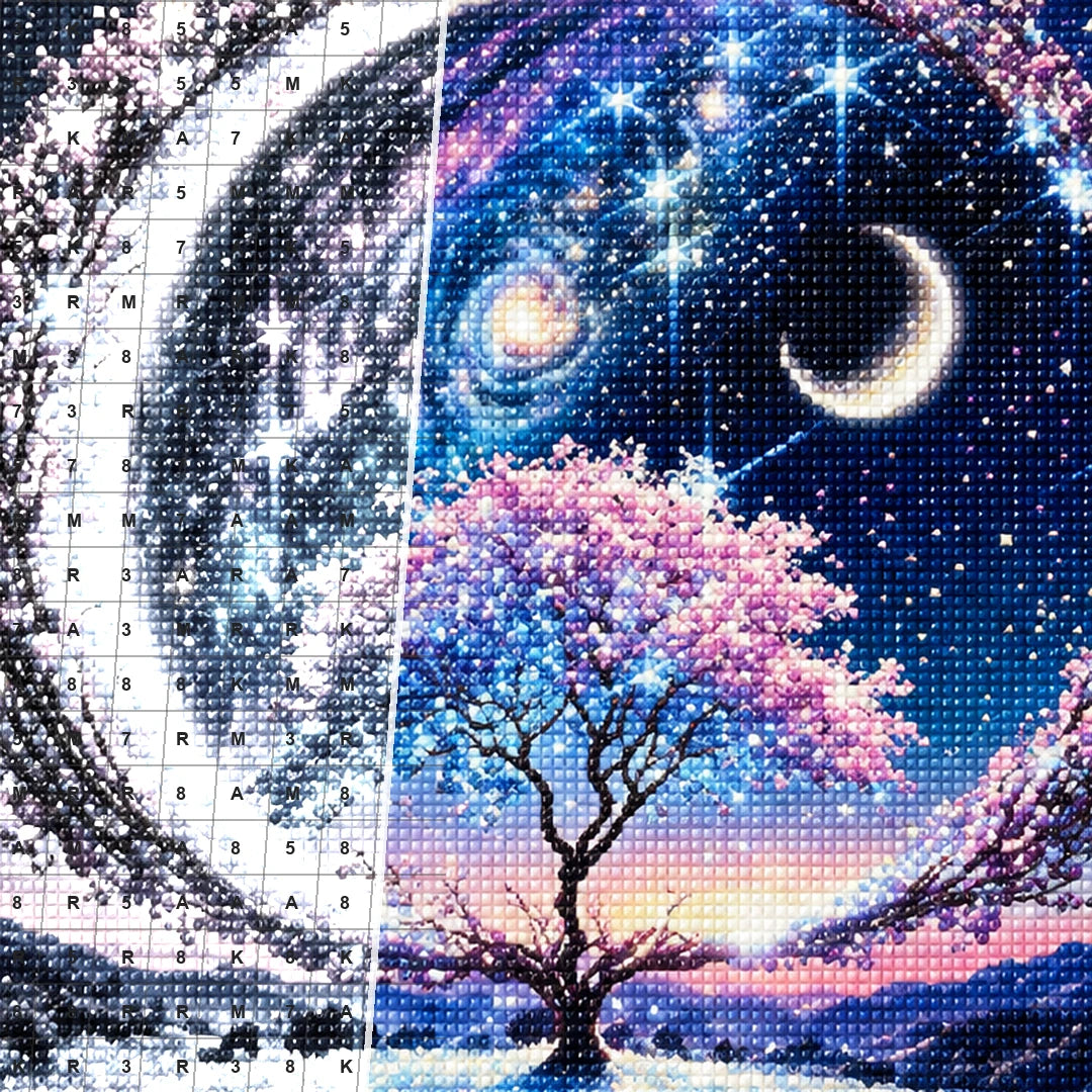 Close detail of the Winter Crescent Tree diamond painting canvas and drills