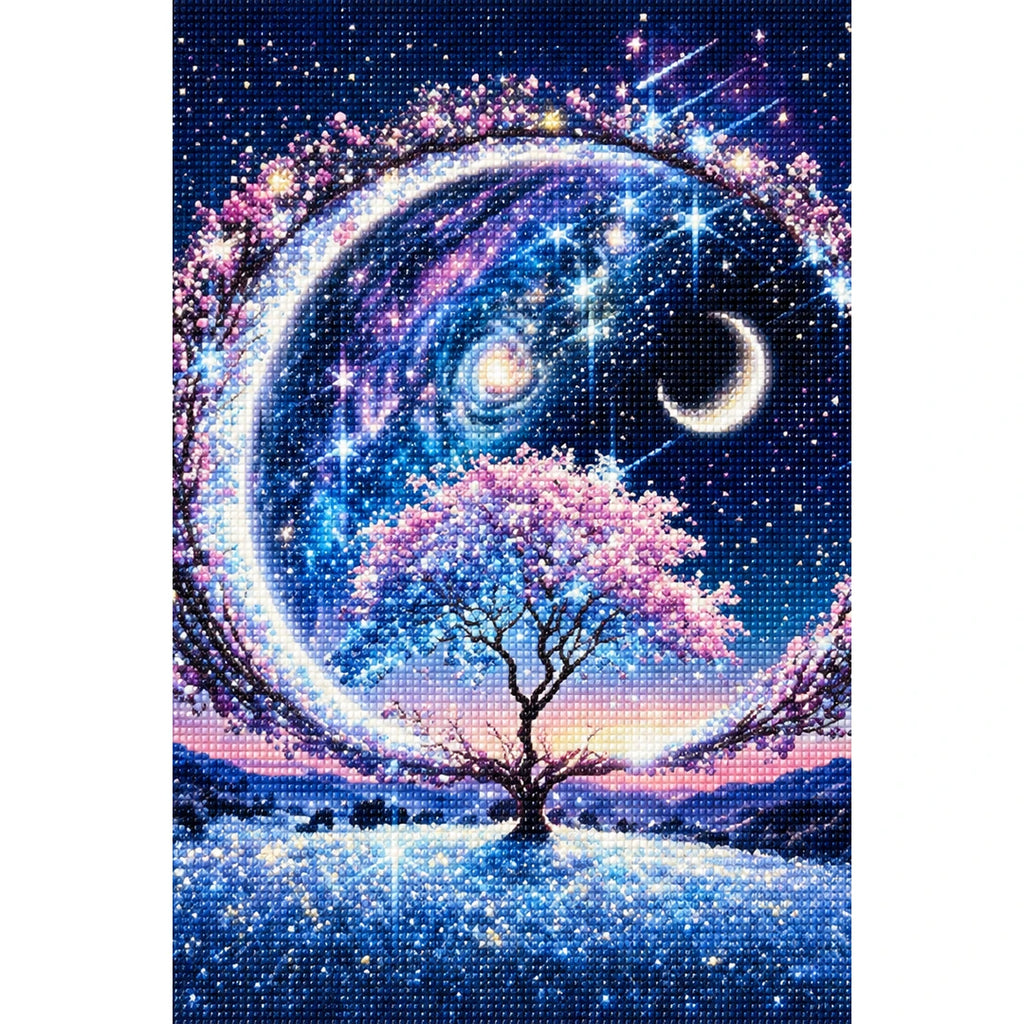 Winter Crescent Tree finished diamond painting on white background
