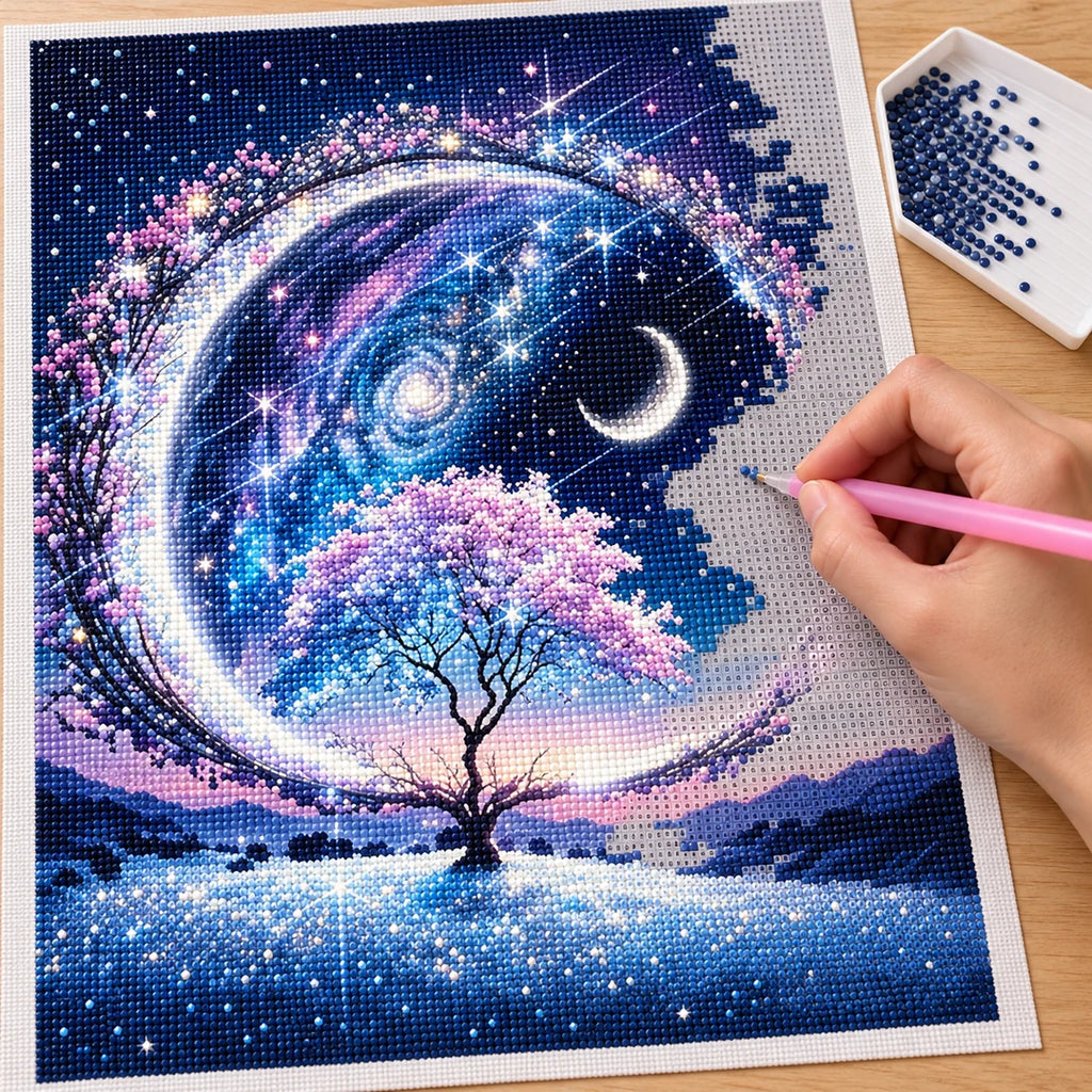 Placing resin drills on the Winter Crescent Tree diamond painting