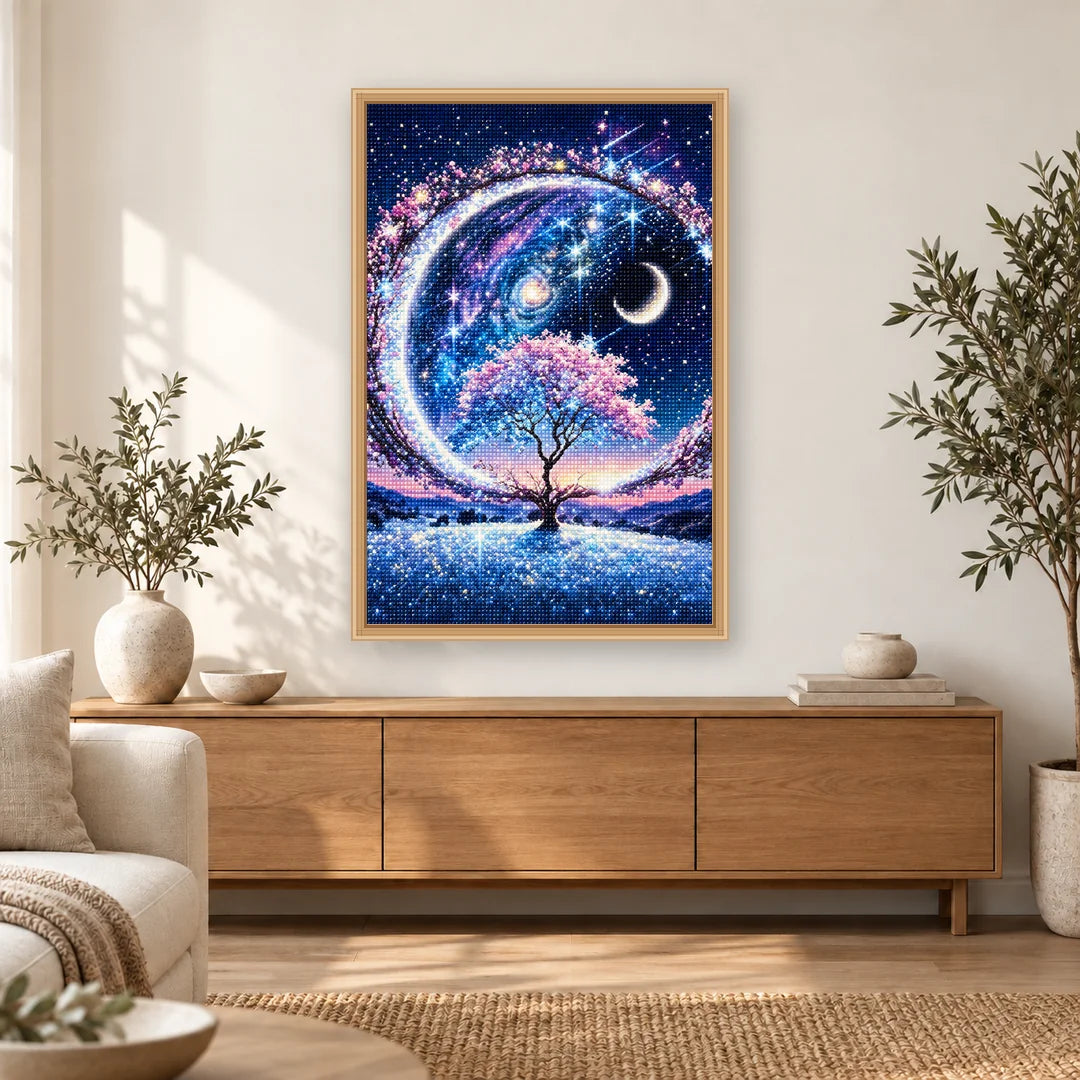 Winter Crescent Tree diamond painting displayed in a bright home interior