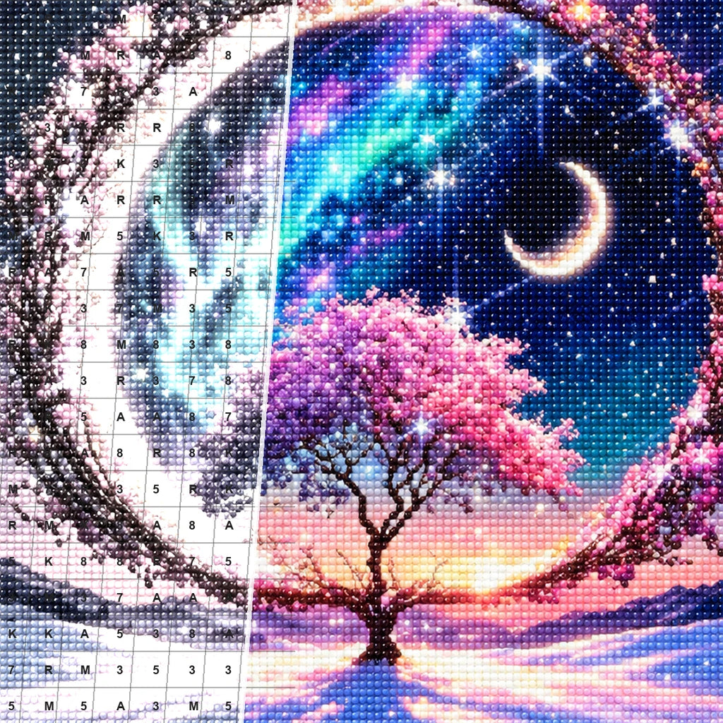 Close detail of the Aurora Crescent Tree diamond painting canvas and drills