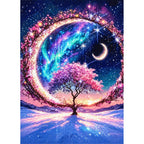 Aurora Crescent Tree finished diamond painting on white background