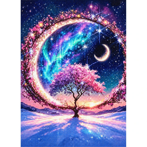 Aurora Crescent Tree finished diamond painting on white background