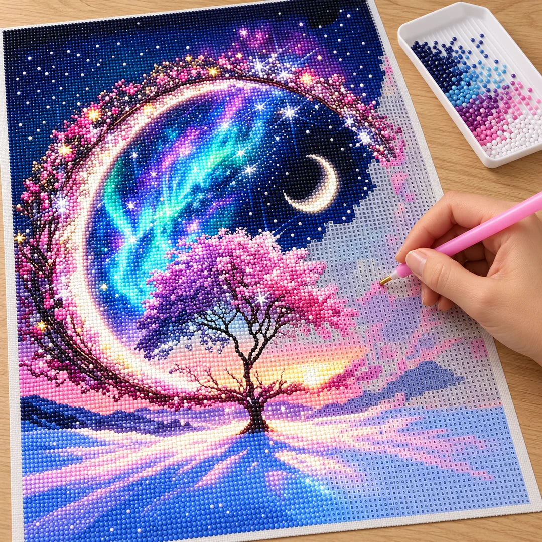 Placing resin drills on the Aurora Crescent Tree diamond painting