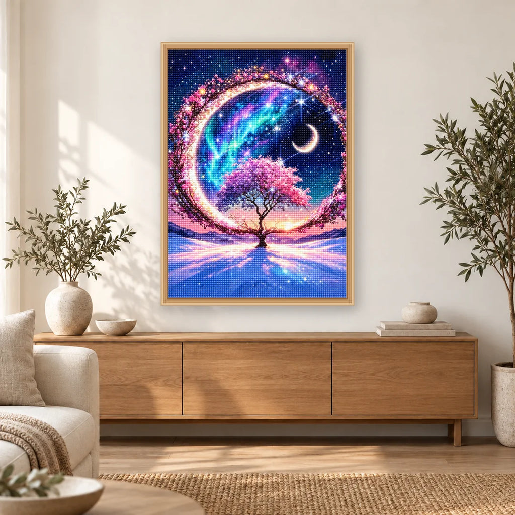 Aurora Crescent Tree diamond painting displayed in a bright home interior
