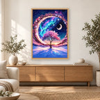 Aurora Crescent Tree diamond painting displayed in a bright home interior