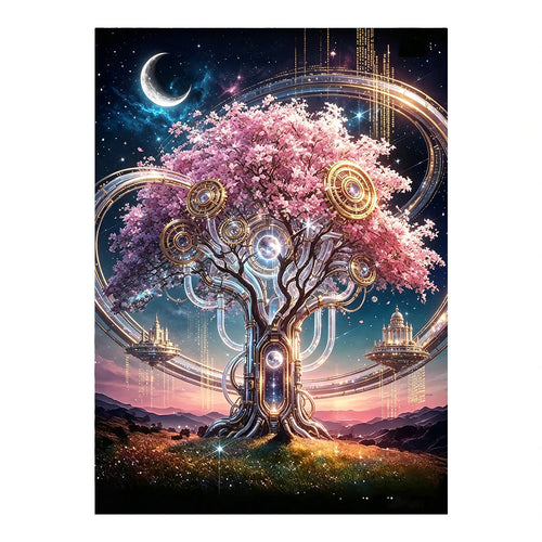Celestial Clockwork Tree original artwork on white background