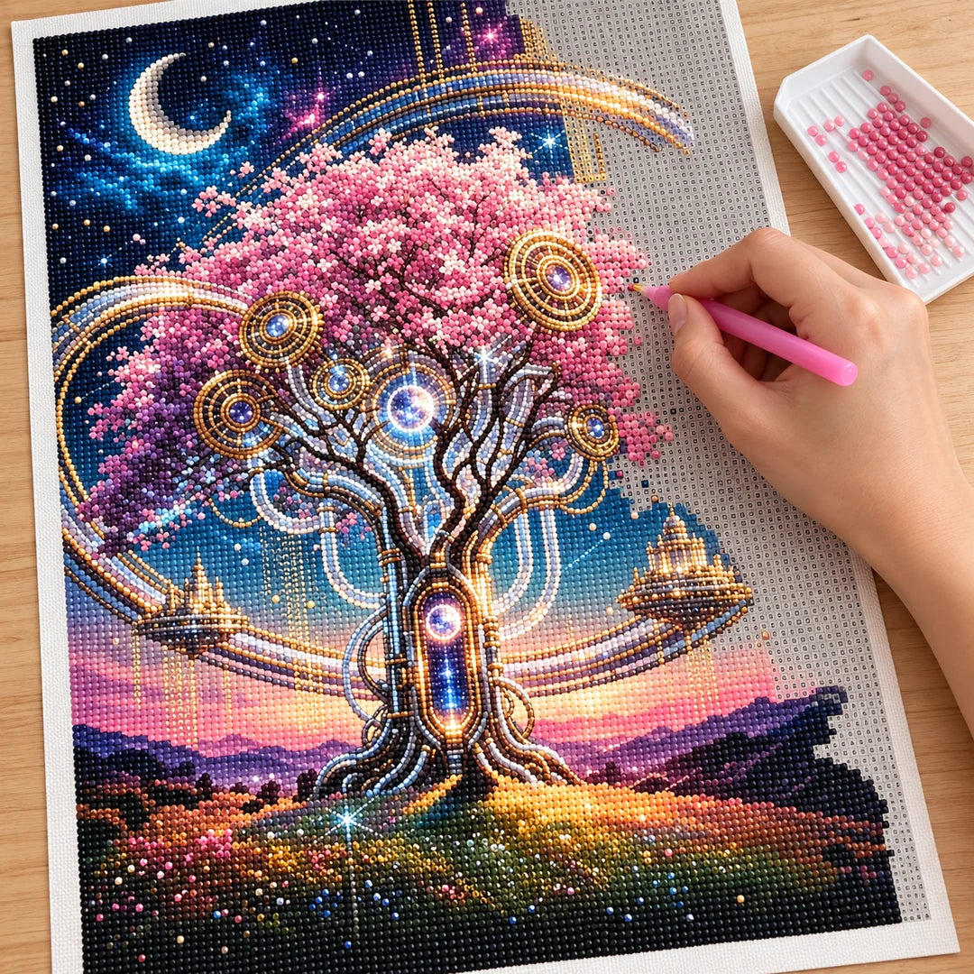 Placing resin drills on the Celestial Clockwork Tree diamond painting