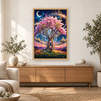 Celestial Clockwork Tree diamond painting displayed in a bright home interior