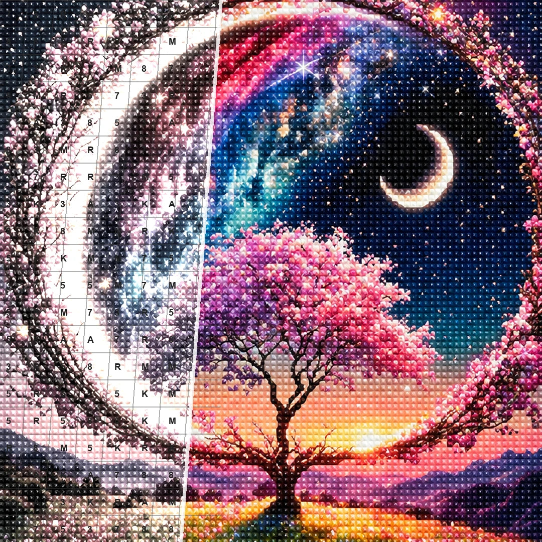 Close detail of the Sunset Crescent Tree diamond painting canvas and drills