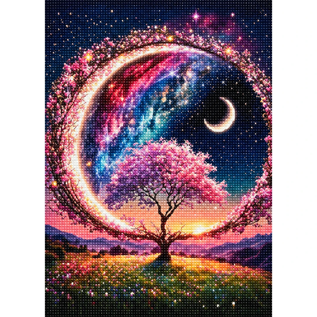 Sunset Crescent Tree finished diamond painting on white background