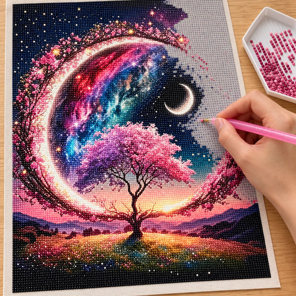 Placing resin drills on the Sunset Crescent Tree diamond painting