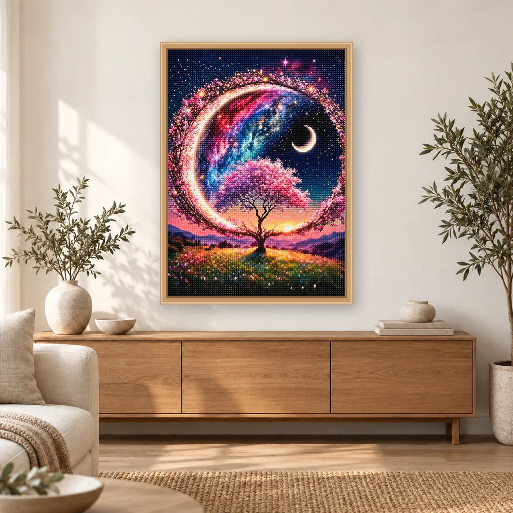 Sunset Crescent Tree diamond painting displayed in a bright home interior