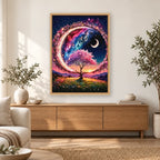 Sunset Crescent Tree diamond painting displayed in a bright home interior