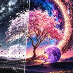 Close detail of the Moonlit Galaxy Tree diamond painting canvas and drills