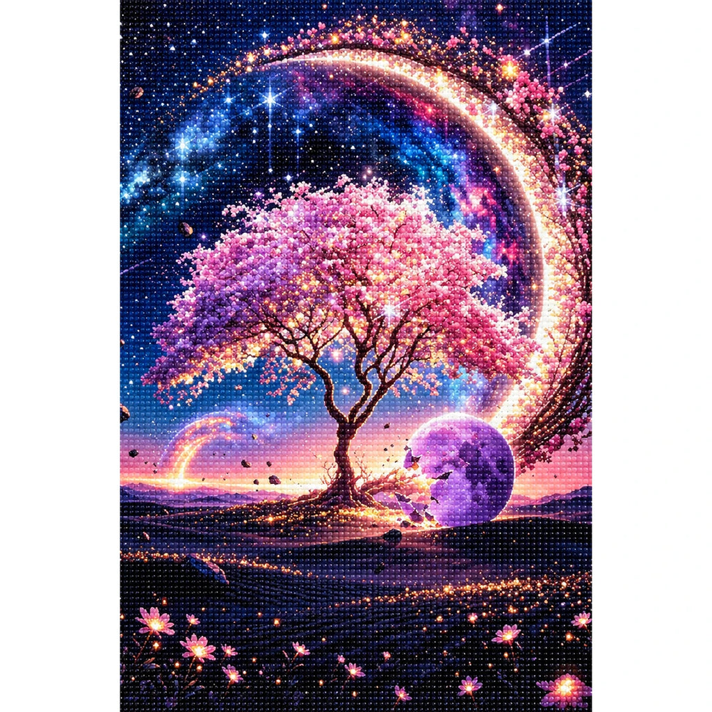 Moonlit Galaxy Tree finished diamond painting on white background
