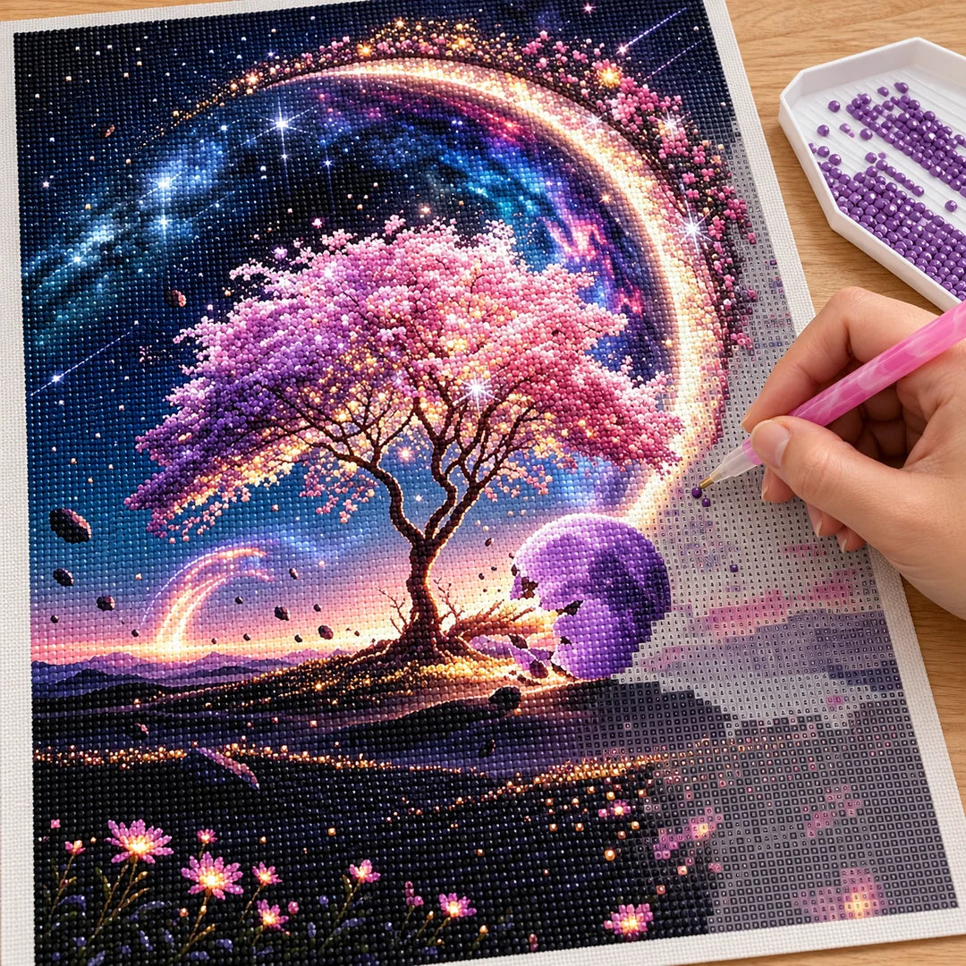Placing resin drills on the Moonlit Galaxy Tree diamond painting