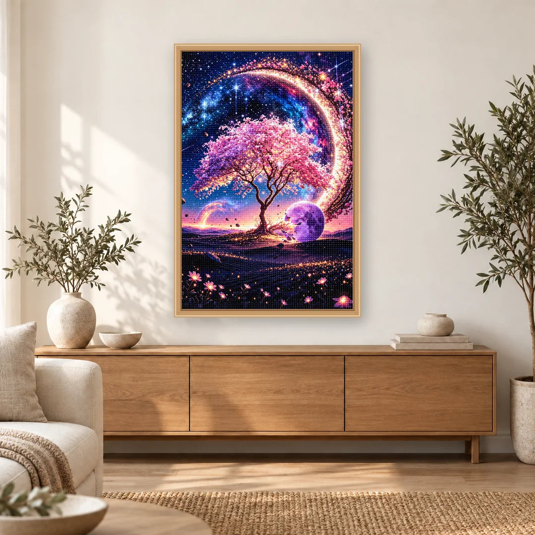 Moonlit Galaxy Tree diamond painting displayed in a bright home interior