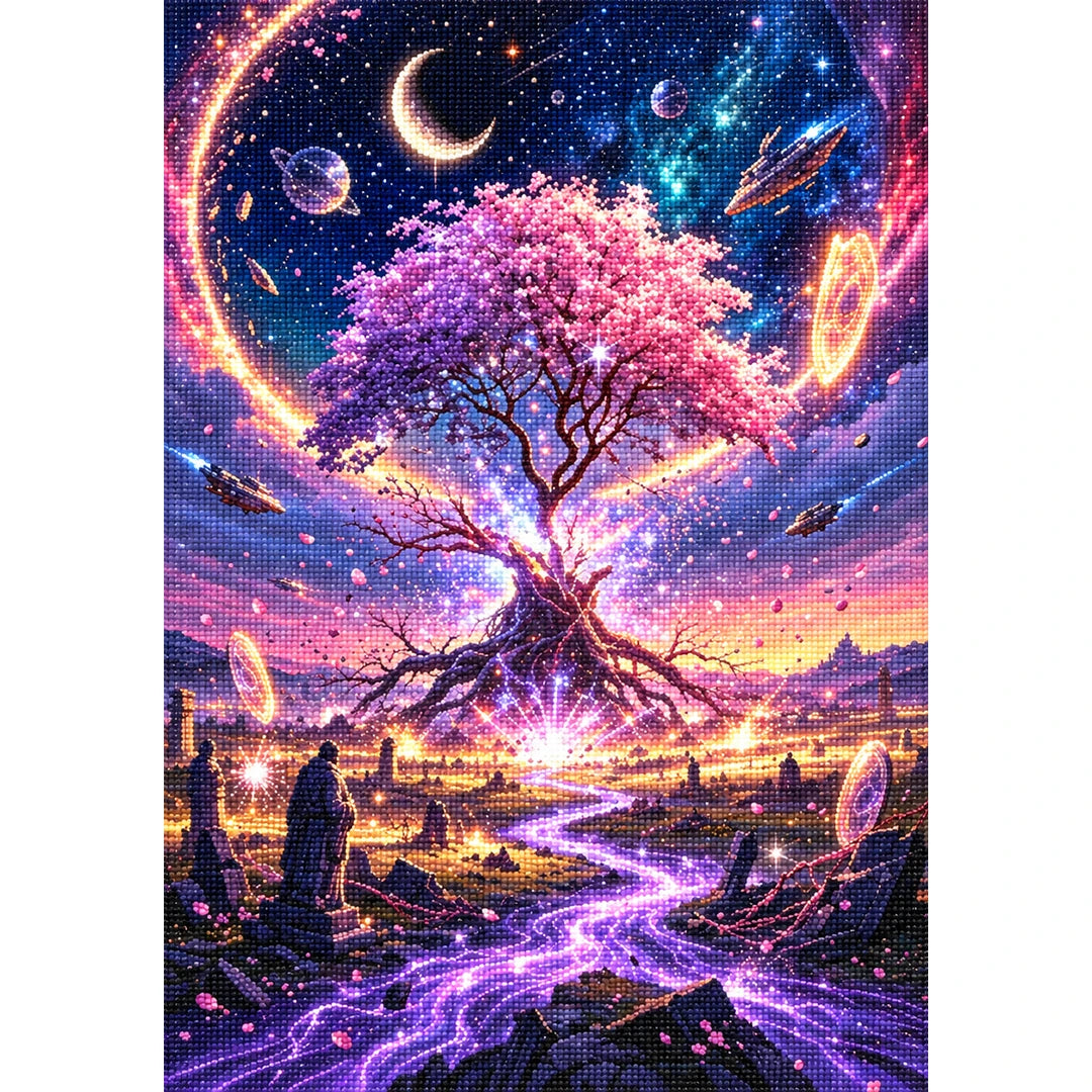 Cosmic Portal Tree finished diamond painting on white background