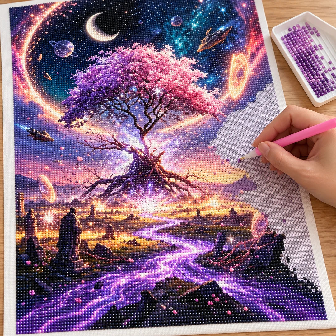 Placing resin drills on the Cosmic Portal Tree diamond painting
