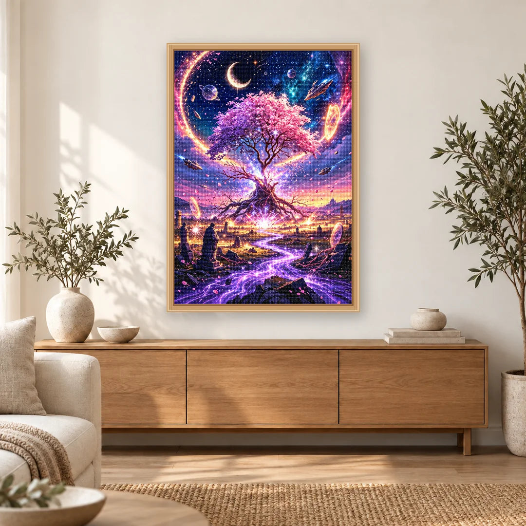 Cosmic Portal Tree diamond painting displayed in a bright home interior