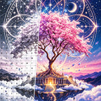 Close detail of the Celestial Mandala Tree diamond painting canvas and drills