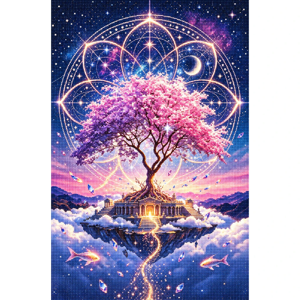Celestial Mandala Tree finished diamond painting on white background