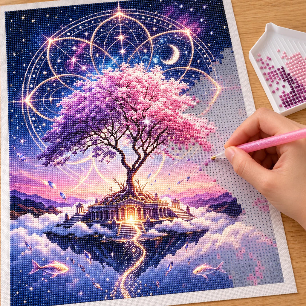 Placing resin drills on the Celestial Mandala Tree diamond painting