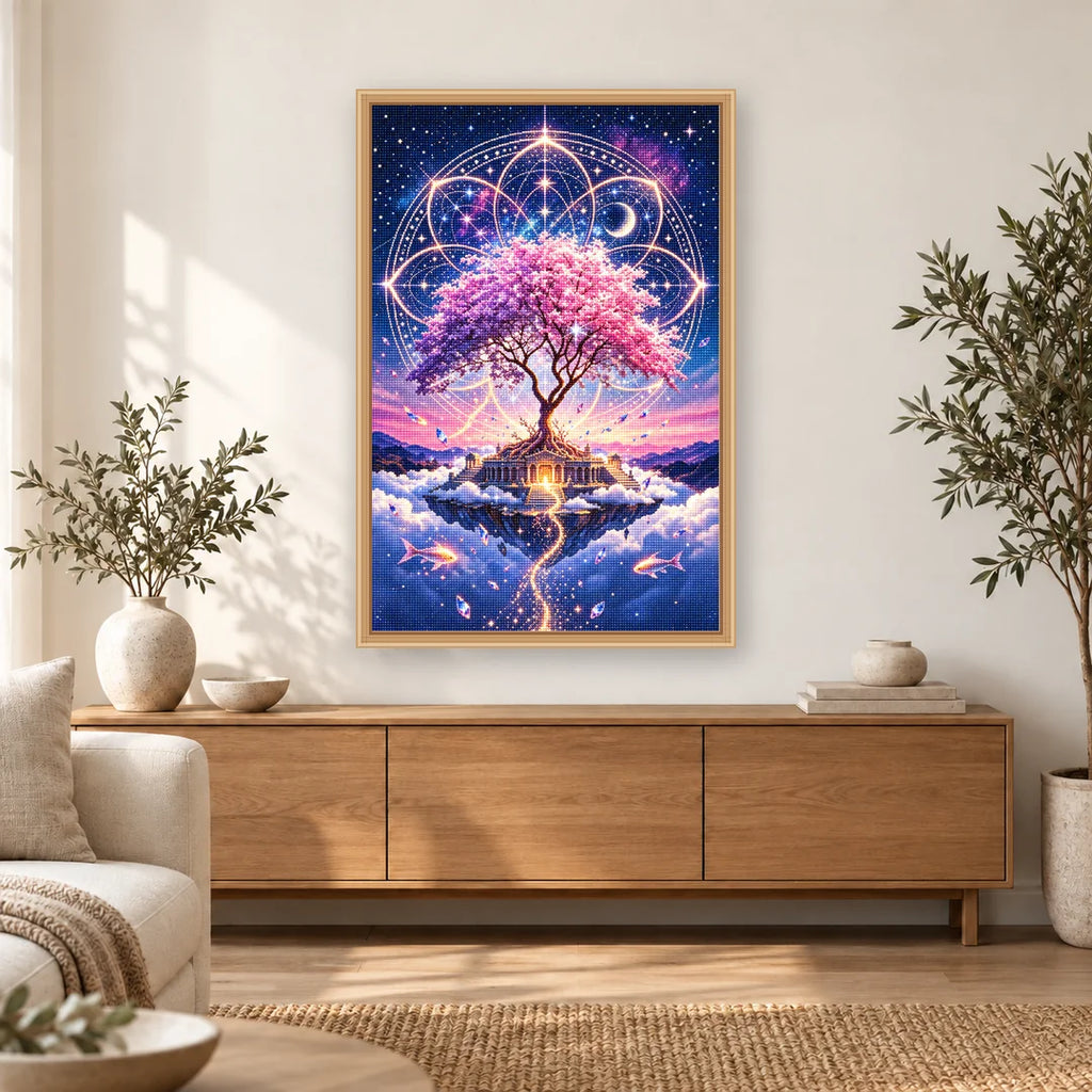 Celestial Mandala Tree diamond painting displayed in a bright home interior