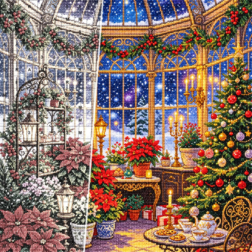 Close detail of the Christmas Poinsettia Conservatory diamond painting canvas and drills