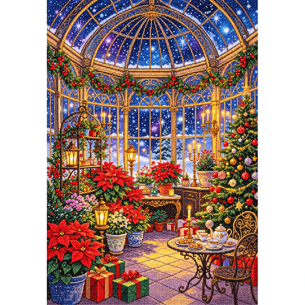 Christmas Poinsettia Conservatory finished diamond painting on white background