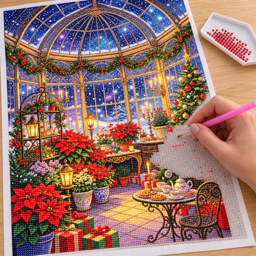 Placing resin drills on the Christmas Poinsettia Conservatory diamond painting