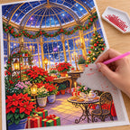 Placing resin drills on the Christmas Poinsettia Conservatory diamond painting