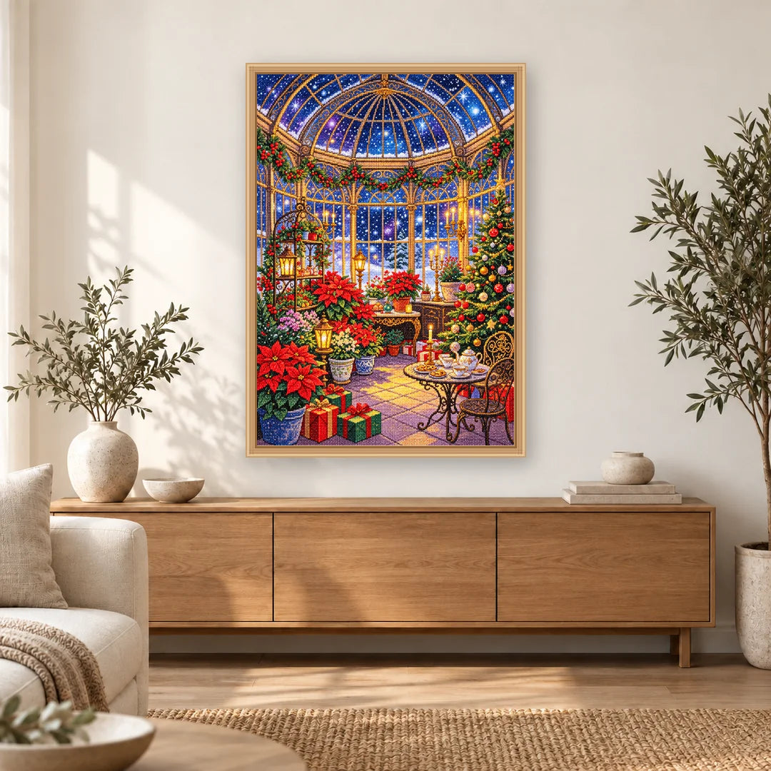 Christmas Poinsettia Conservatory diamond painting displayed in a bright home interior