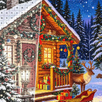 Close detail of the Snowy Christmas Cabin diamond painting canvas and drills