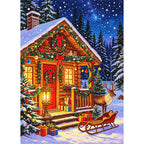 Snowy Christmas Cabin finished diamond painting on white background