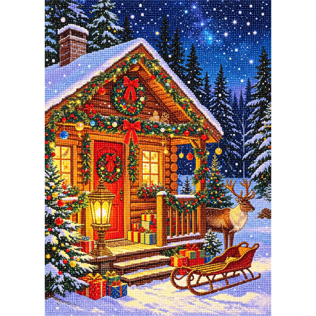 Snowy Christmas Cabin finished diamond painting on white background