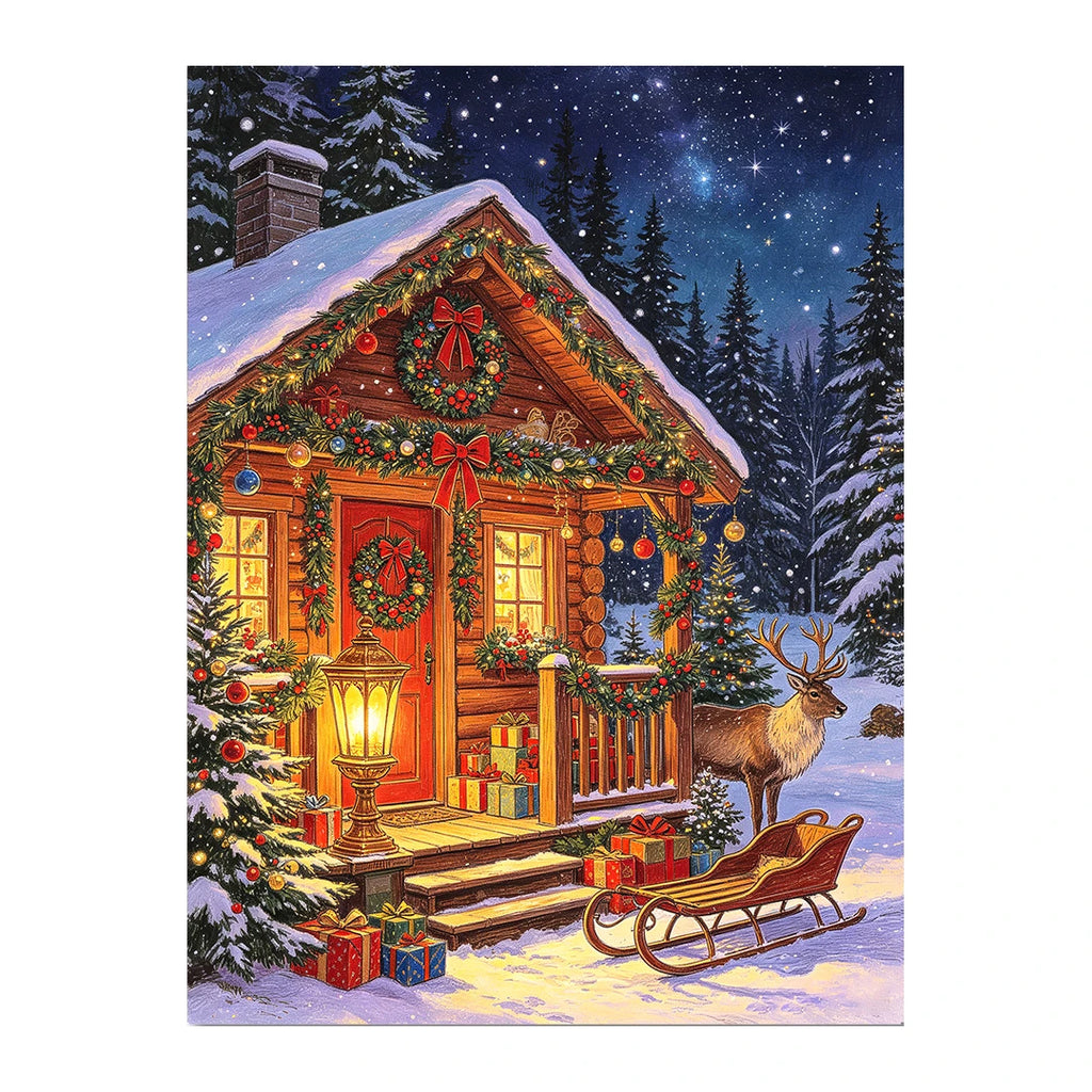 Snowy Christmas Cabin original artwork on white background