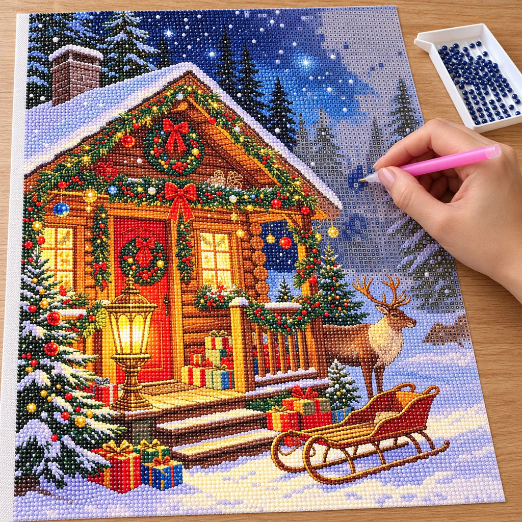 Placing resin drills on the Snowy Christmas Cabin diamond painting