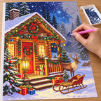 Placing resin drills on the Snowy Christmas Cabin diamond painting