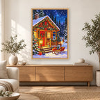 Snowy Christmas Cabin diamond painting displayed in a bright home interior