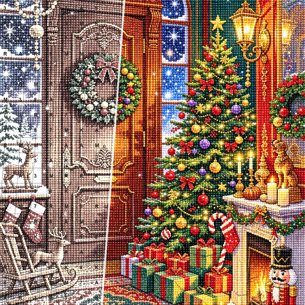 Close detail of the Festive Christmas Doorway diamond painting canvas and drills