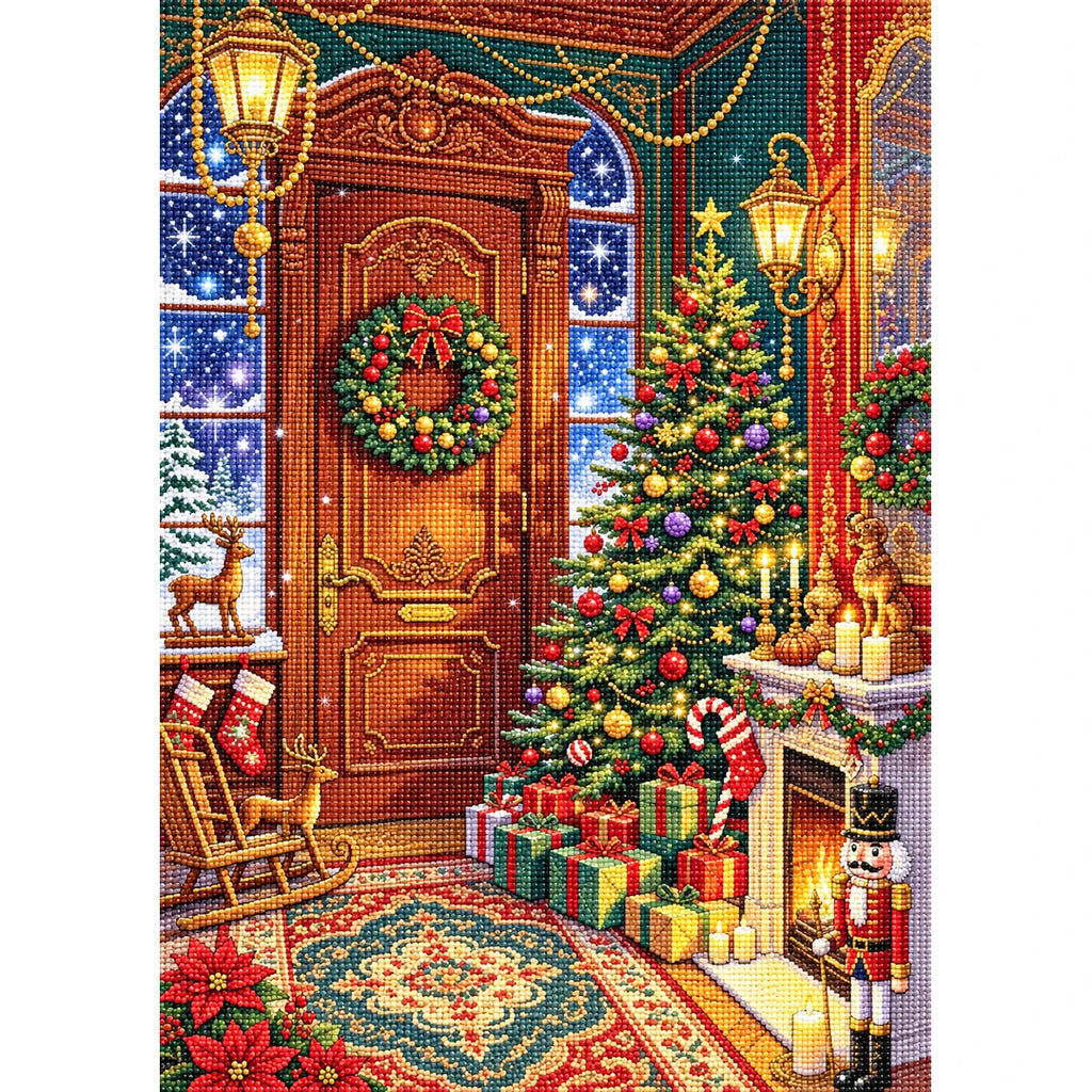 Festive Christmas Doorway finished diamond painting on white background