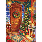 Festive Christmas Doorway finished diamond painting on white background